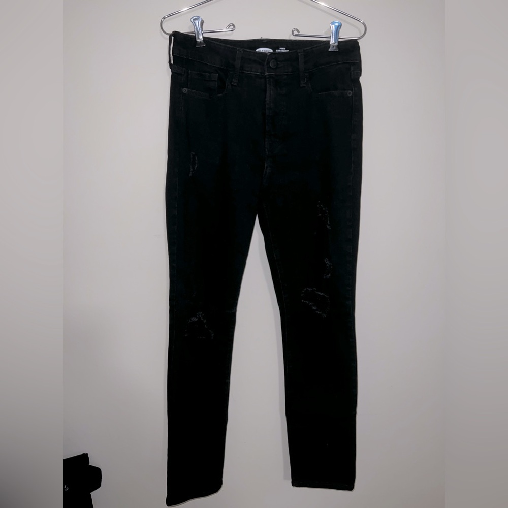 Slim straight high rise black ripped jeans